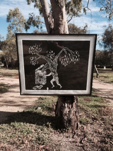 George Egerton-Warburton, 'Foul Mouth' one of four framed woodblock prints installed on trees at Agnes Denes' 'A Forest for Australia' (1998) Altona Treatment Plant, March-May 2015