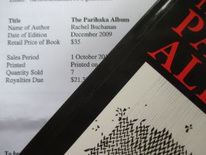 Portion of sales statement for The Parihaka Album, Huia Publishers, 30 April 2014. I was paid $21.30 in royalties.